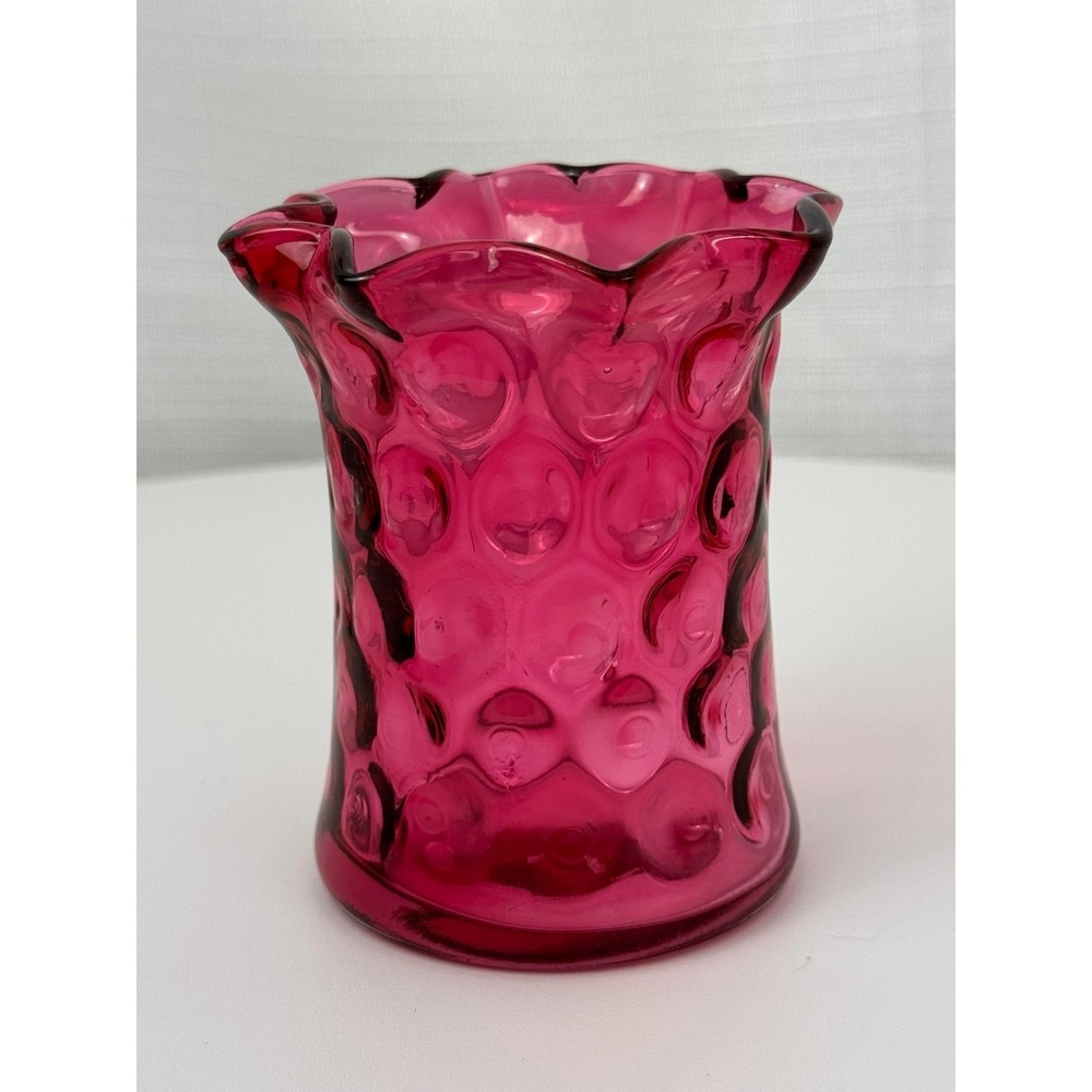 Fenton Cranberry Glass Coin Dot Vase Pink 4.25" Excellent Ruffled Rim Vintage